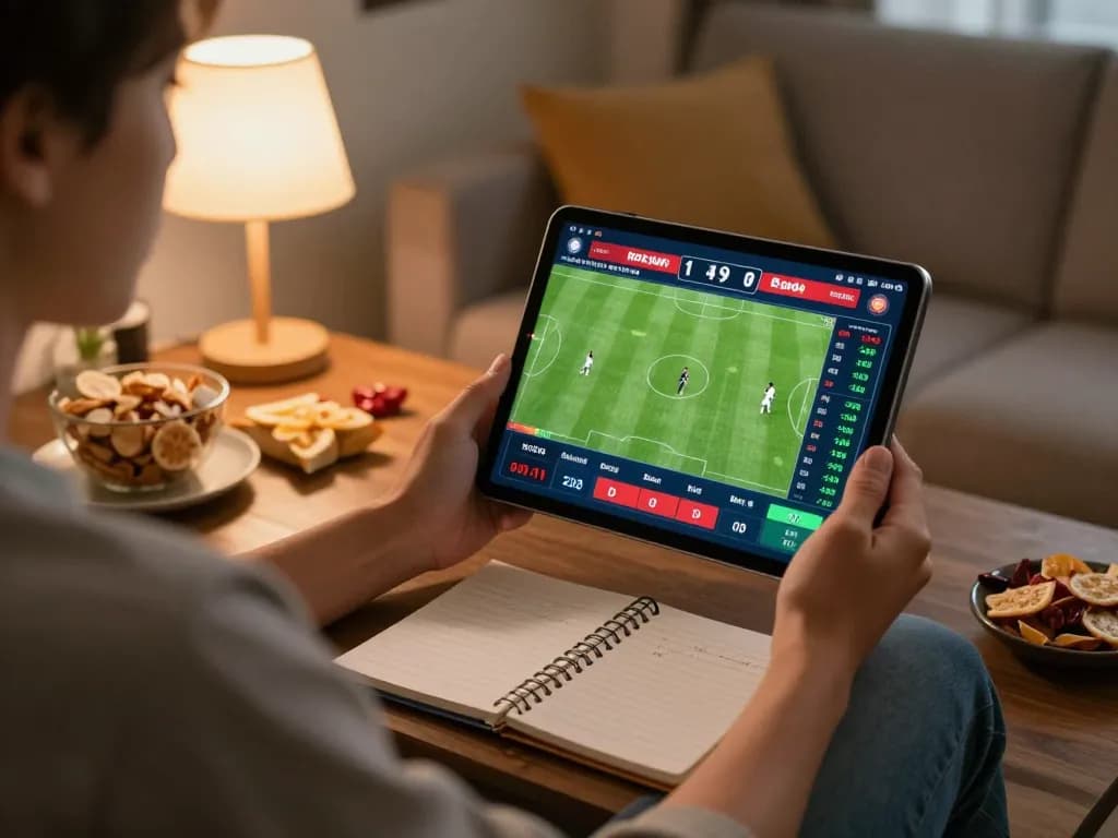 Betting on sports at home with ko66, showing live odds on a tablet in a cozy setting
