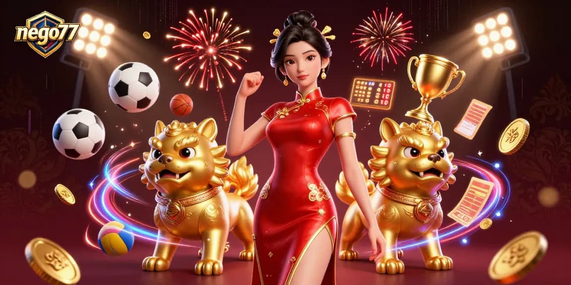 Nego77 presents a vibrant casino experience with a glamorous woman and dynamic sports elements, celebrating winning.