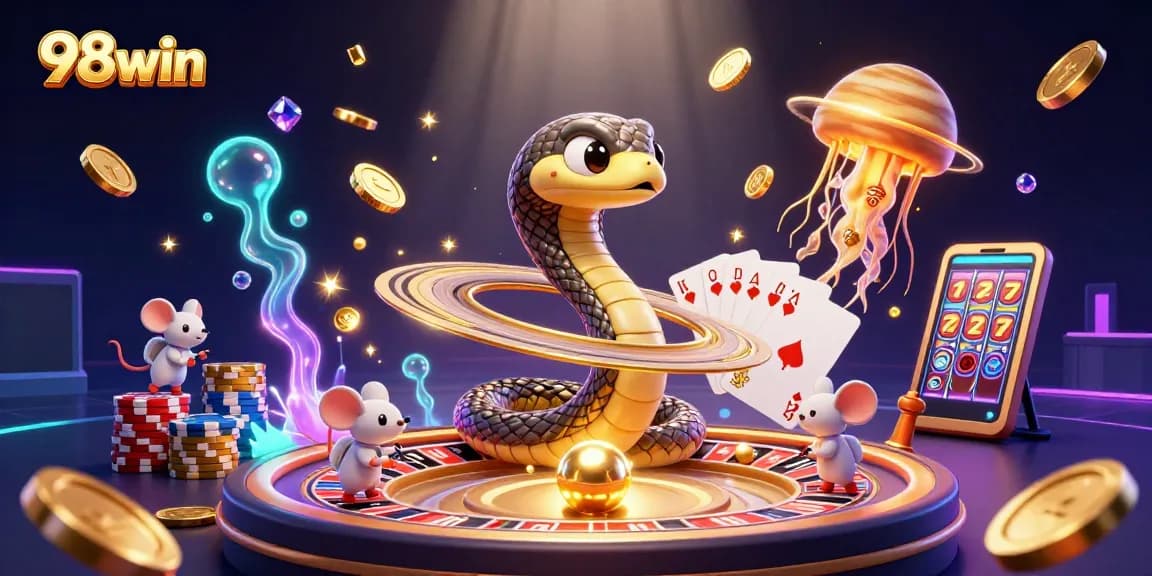 Experience 98win's thrilling cosmic casino with astronauts betting among vibrant casino elements.