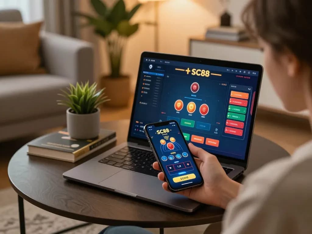 Player enjoying SC88 mobile gaming experience with live dealer interface in cozy home.