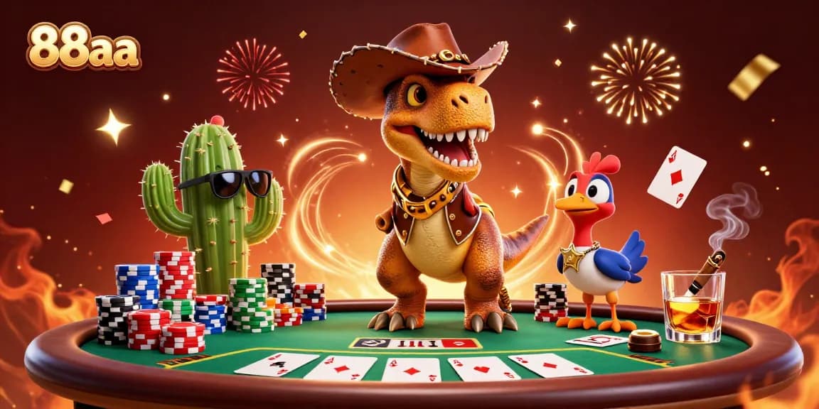 Experience thrilling gambling action with 88aa's vibrant 3D casino scene featuring a cowboy dinosaur.