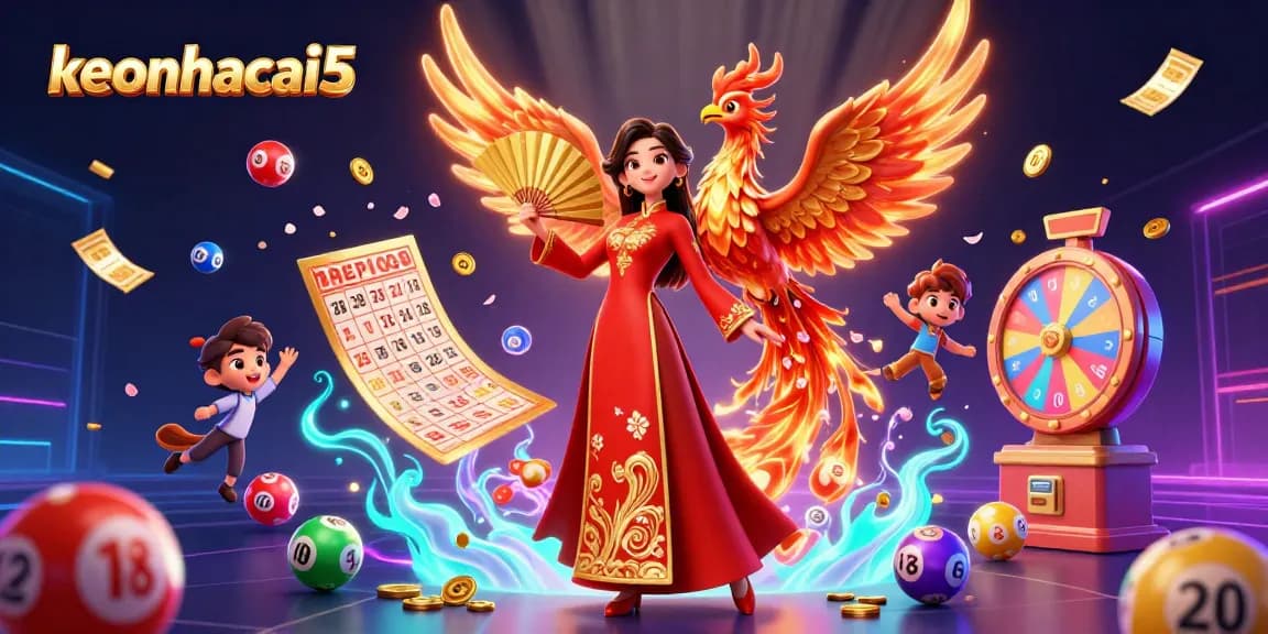 Join the excitement at keonhacai5 with colorful lottery elements and a cultural touch in a dynamic scene.
