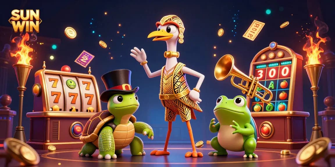 SUN WIN enthralling players with a vibrant 3D gaming scene featuring slot reels and dynamic characters.
