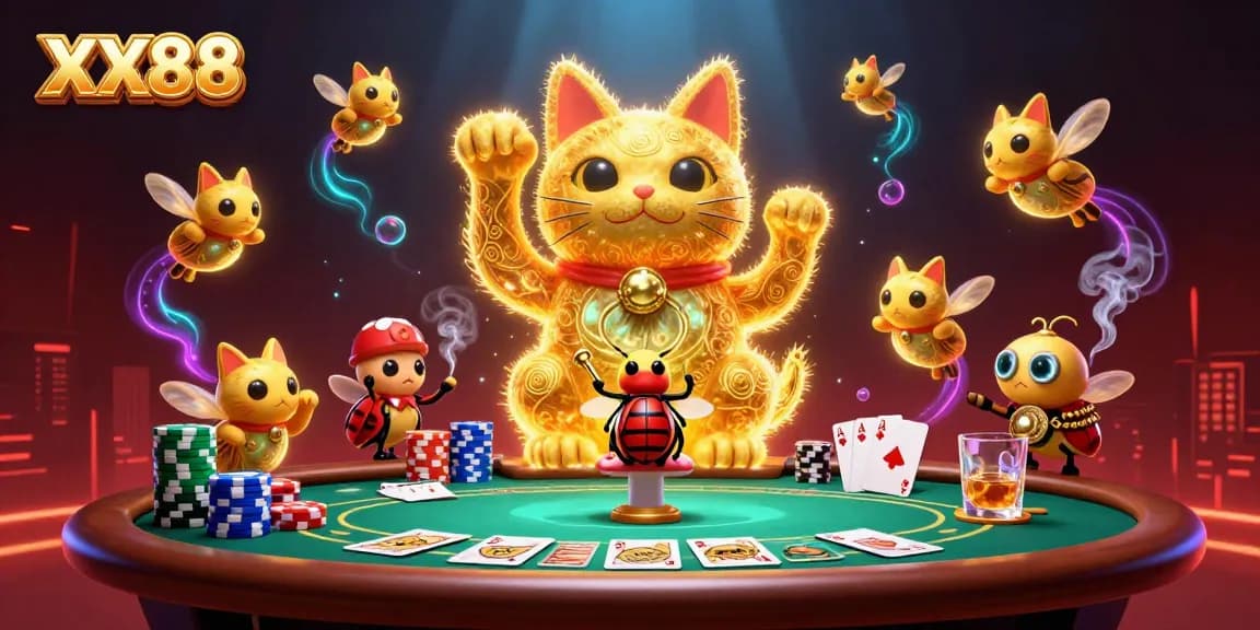 Experience the enchanting atmosphere of XX88 as golden fireflies form a lucky cat amidst dynamic casino symbols.