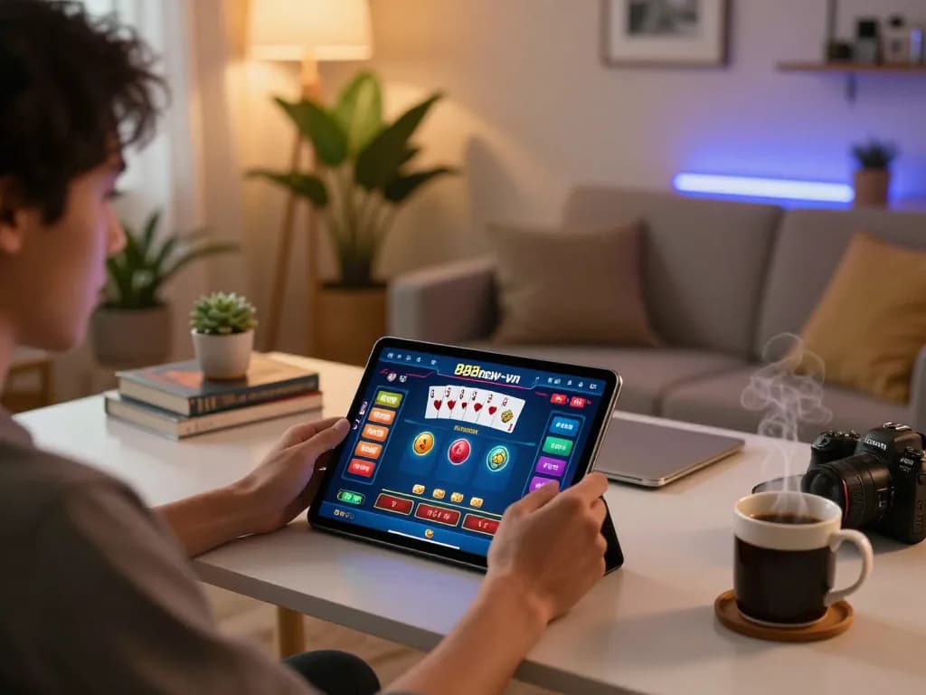 Player engaging in online gaming on the 888new-vn app, showcasing a poker interface in a cozy setting