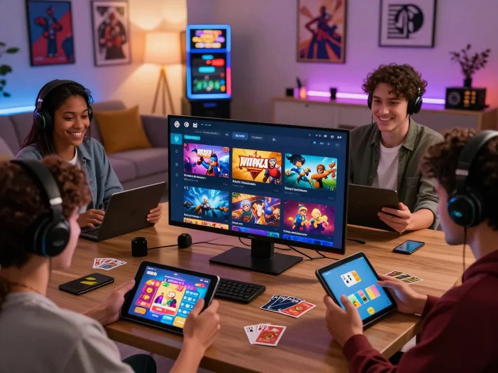 Players enjoying the sunwin online gaming platform in a cozy home setting, featuring diverse games and vibrant atmosphere.
