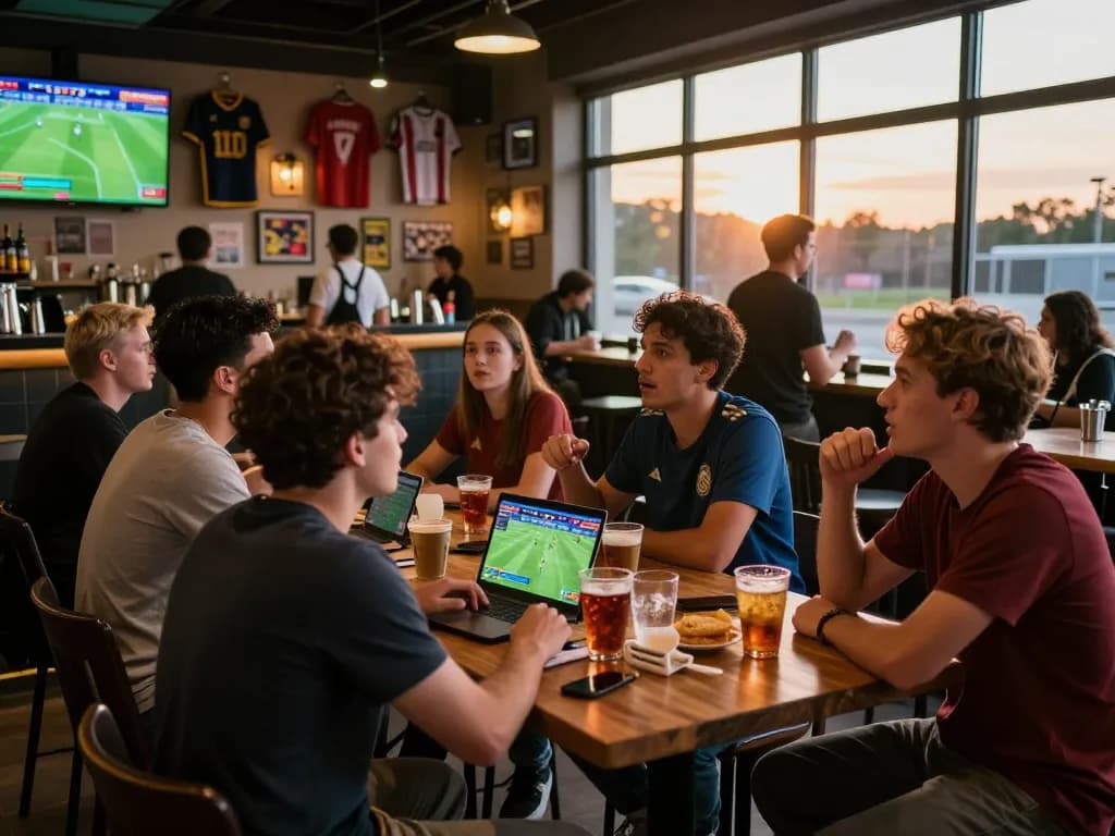 Engaged soccer fans discussing effective soccer tips in a lively sports bar during a match.