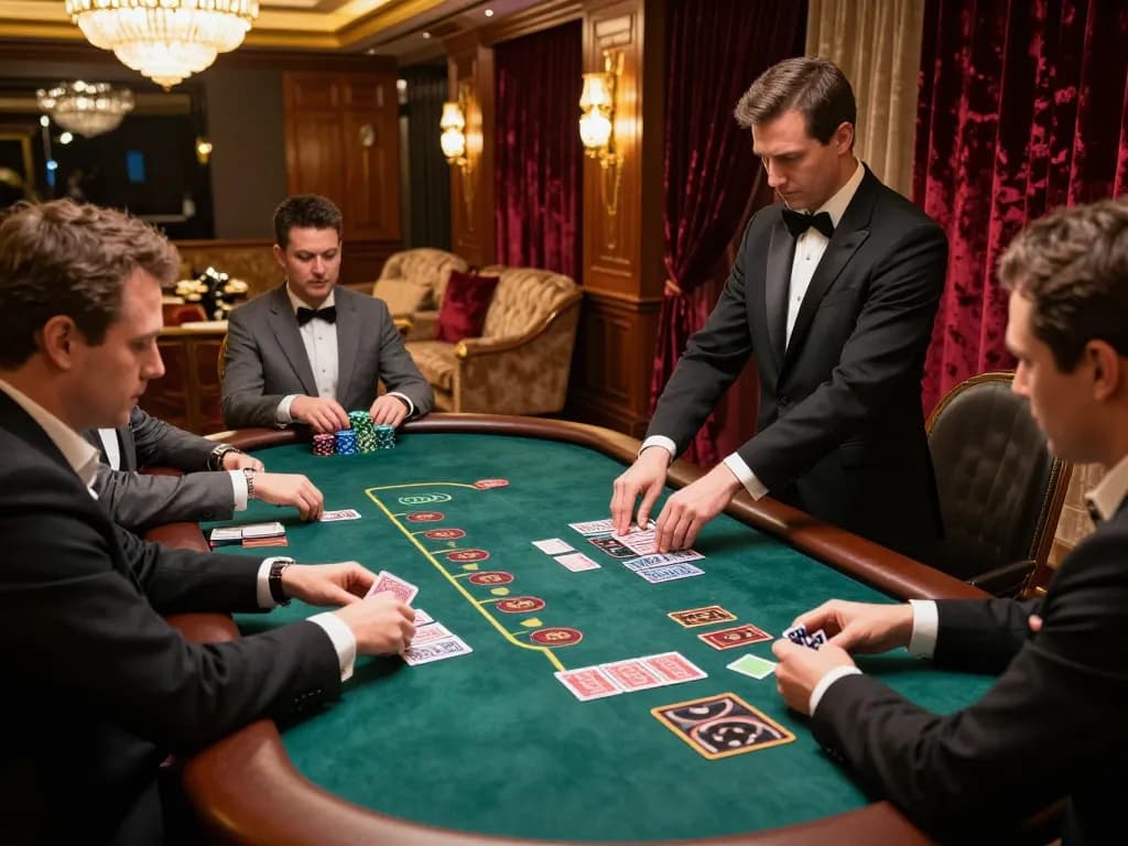 Hello88 players strategizing at an exclusive blackjack table in a luxurious casino