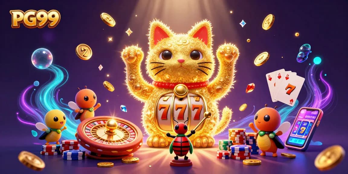 Experience the excitement of PG99 as a lucky cat made of fireflies brings a dazzling casino scene to life.