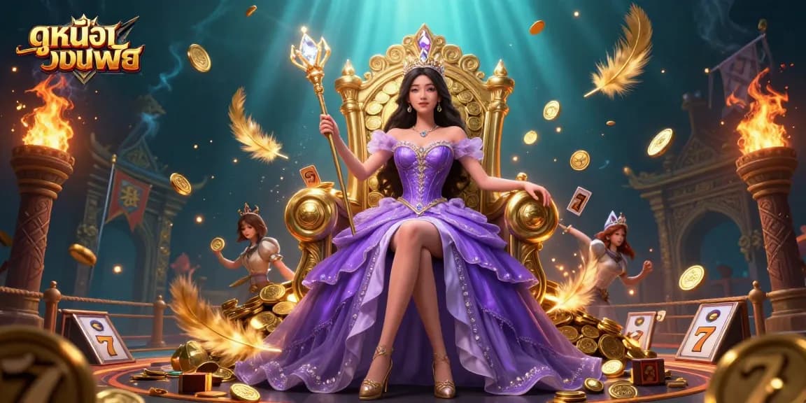 Play ดูหนังออนไลน์ฟรี with vibrant slot elements and a regal princess in a dynamic casino scene.