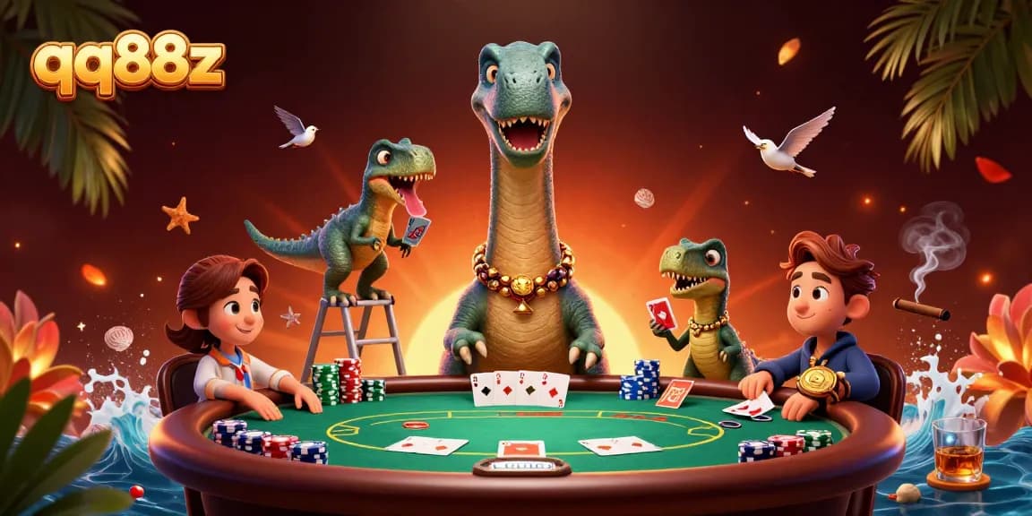 Engage with the vibrant qq88z casino scene featuring a dinosaur dealing cards amid colorful poker elements.