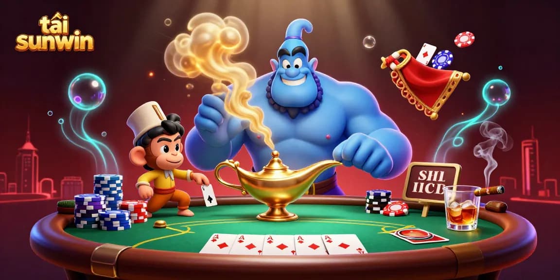 Experience the excitement of tải sunwin by engaging with a vibrant poker scene featuring a magical genie and a monkey.