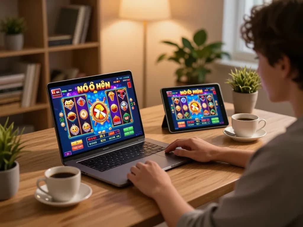 Engaging scene of online nổ hũ gameplay on a tablet, showcasing an exciting gaming experience.