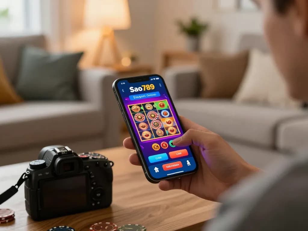 Sao789 player engaging with casino app on mobile device in a cozy home setting