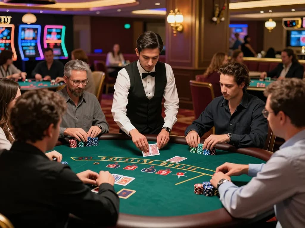 MM88 players strategizing at a blackjack table in a vibrant casino atmosphere.