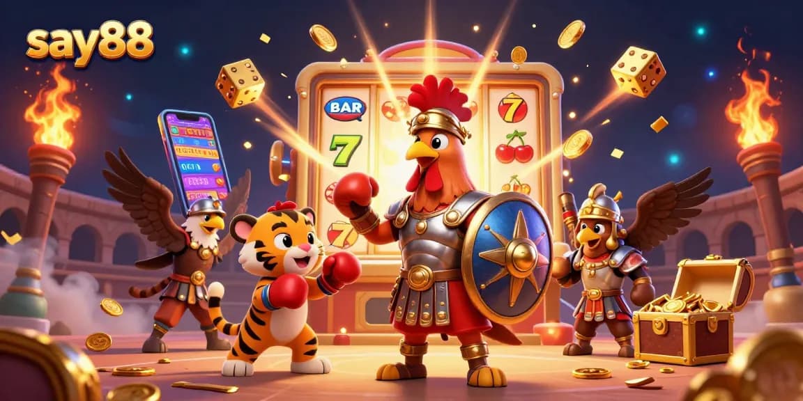 Engage in thrilling wins with say88 at a dynamic casino scene featuring a gladiator rooster, a tiger cub, and vibrant game elements.