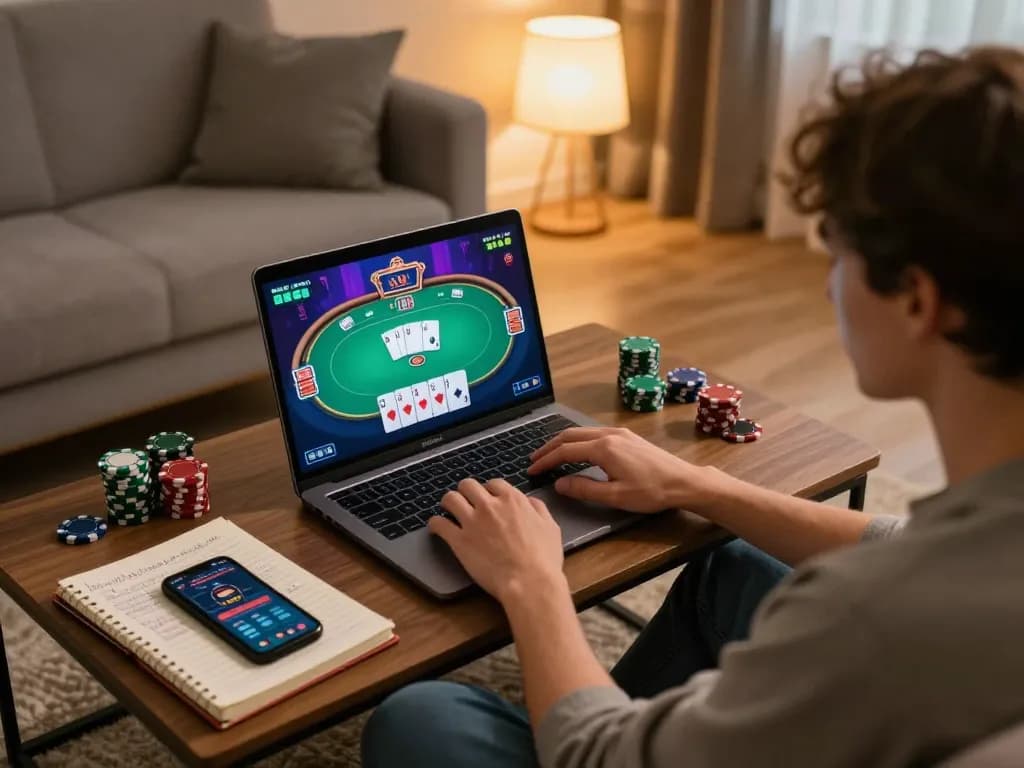 SV66 online gaming environment with a player engaging in a poker game, showcasing strategy notes and an inviting atmosphere.