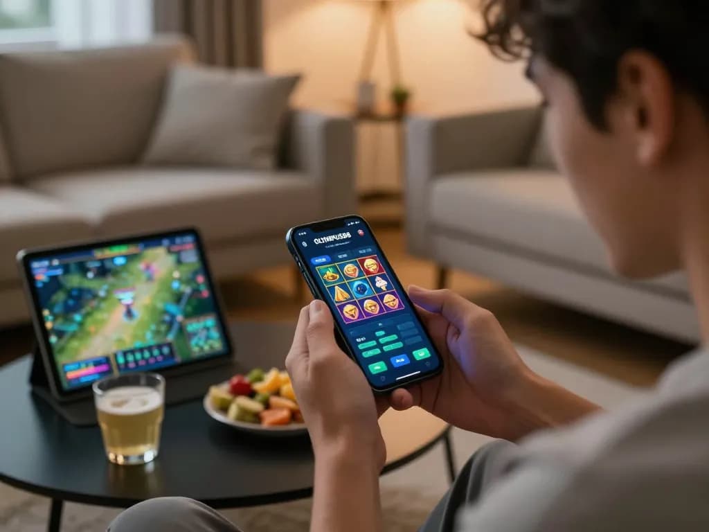 Engaging gameplay on the OLYMPUS88 slot app, vibrant mobile interface and cozy home atmosphere
