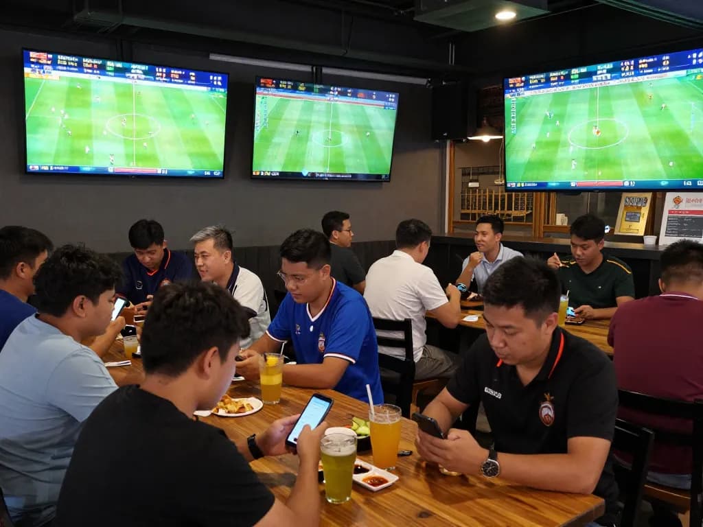 Fans engaging with kèo nhà cái while watching live football, vibrant outdoor sports bar atmosphere