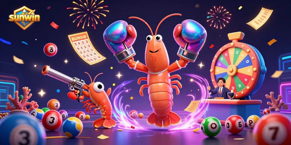 Engage with the action at sunwin featuring a cartoon mantis shrimp championing playful lottery elements.