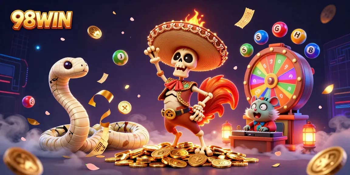 Experience excitement with 98WIN in this vibrant casino scene filled with energy and color.