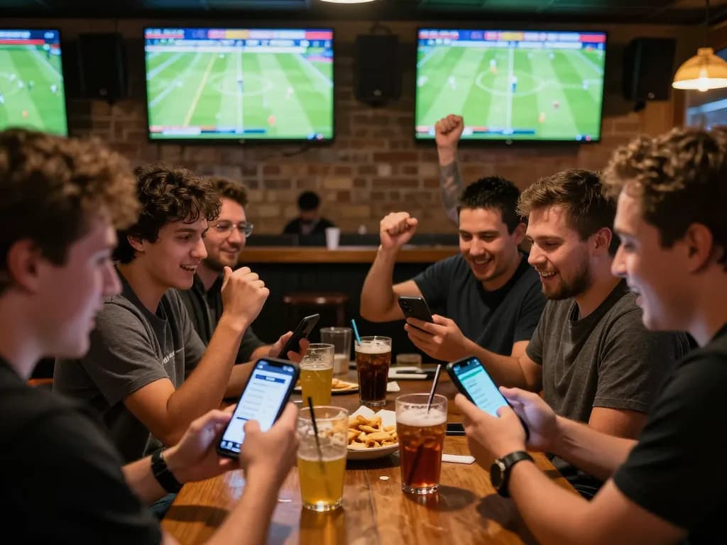 Tỷ lệ kèo nhà cái 5 highlighted as sports enthusiasts celebrate while checking live betting updates.