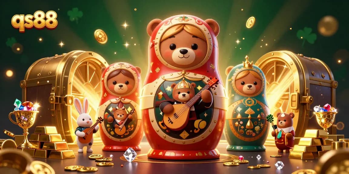 Exciting qs88 casino scene with cartoon bears as dealers, gold treasures and vibrant gems.