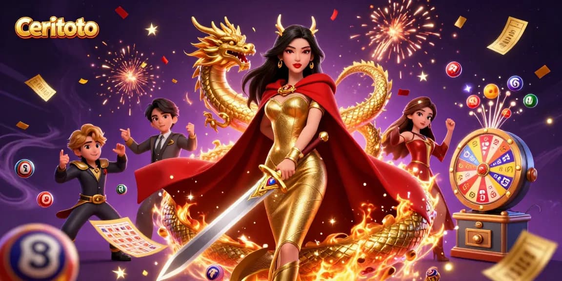 Experience winning with ceritoto as vibrant lottery elements surround a warrior queen, enhancing your gaming adventure.