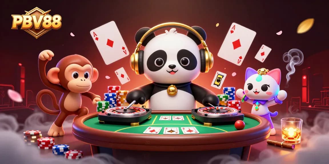Experience the vibrant energy of PBV88 Casino with a lively DJ panda and breakdancing animals in a rich gambling setting.