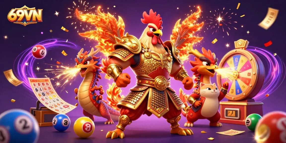 Engage with 69VN's dynamic gaming experience featuring a rooster warrior and dragon in a vibrant casino scene.