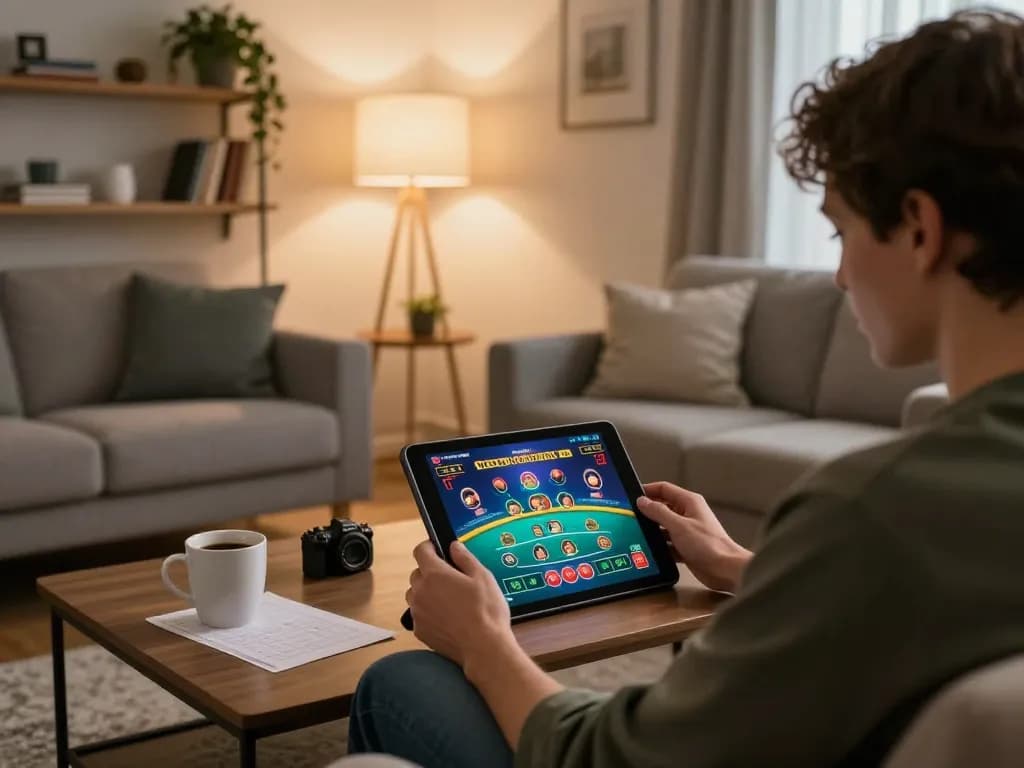 Person engaging with 78winvina platform on tablet, showcasing an exciting online gaming atmosphere