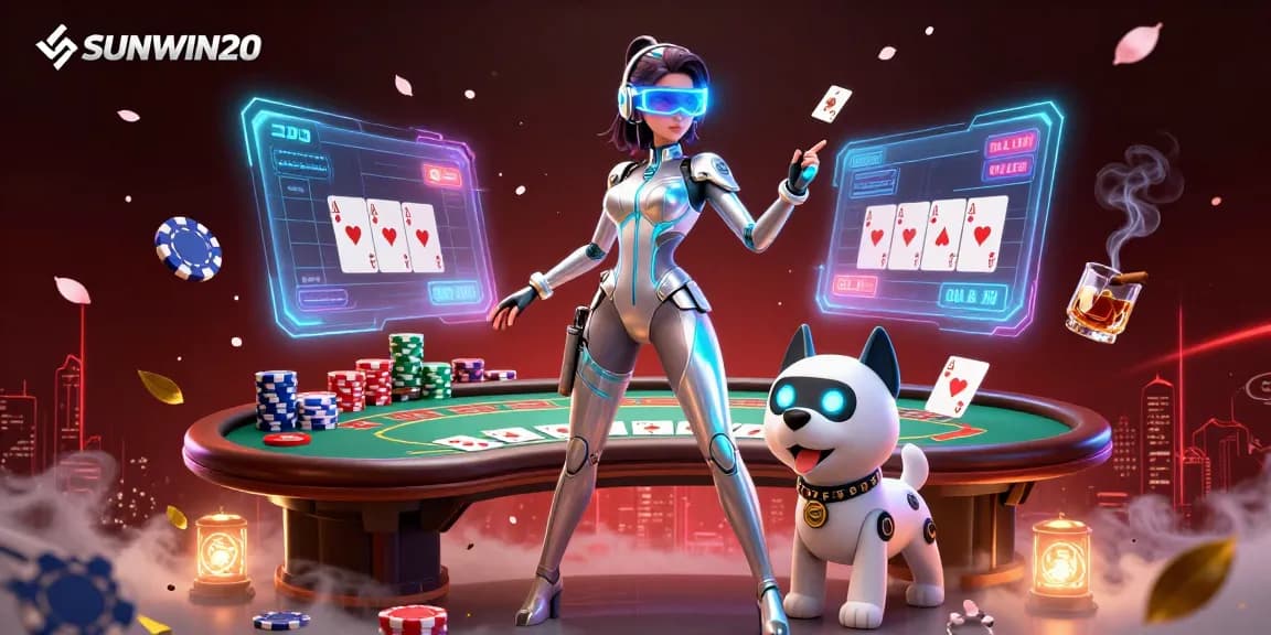 SUNWIN20 celebrates exciting poker action with an immersive digital casino illustration packed with vibrant gaming elements.