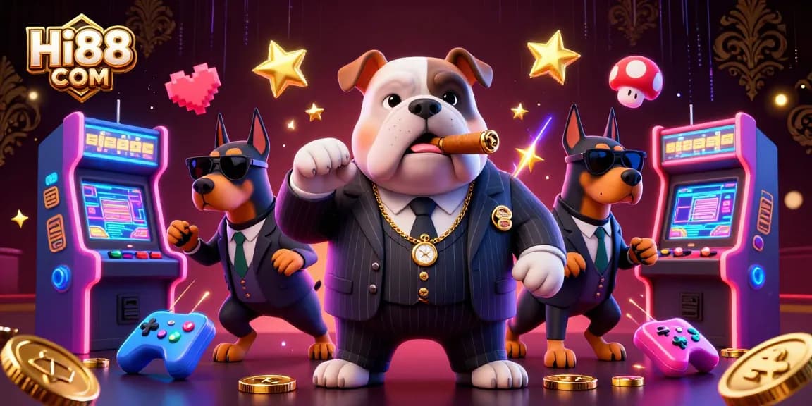 Engage in thrilling gameplay at Hi88 COM, featuring a mafia boss bulldog amid vibrant casino elements.