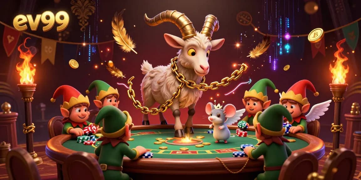 Experience the exhilarating games at ev99 with festive characters in a chaotic holiday-casino scene.