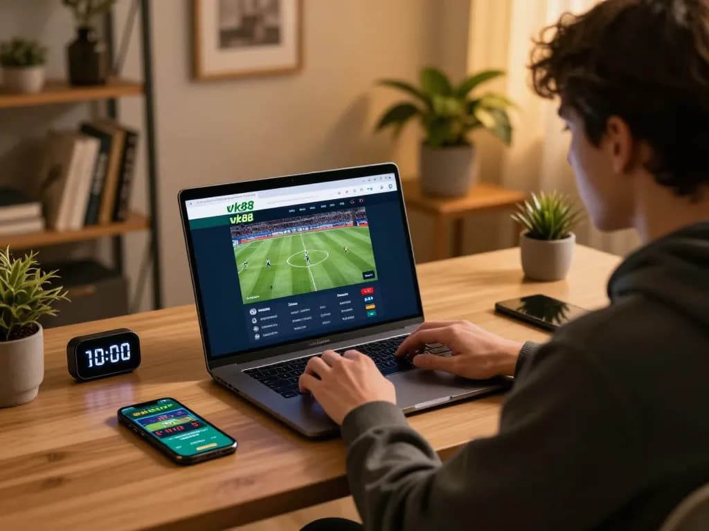 Player engaging in sports betting on vk88 site with laptop at home, emphasizing responsible gaming.