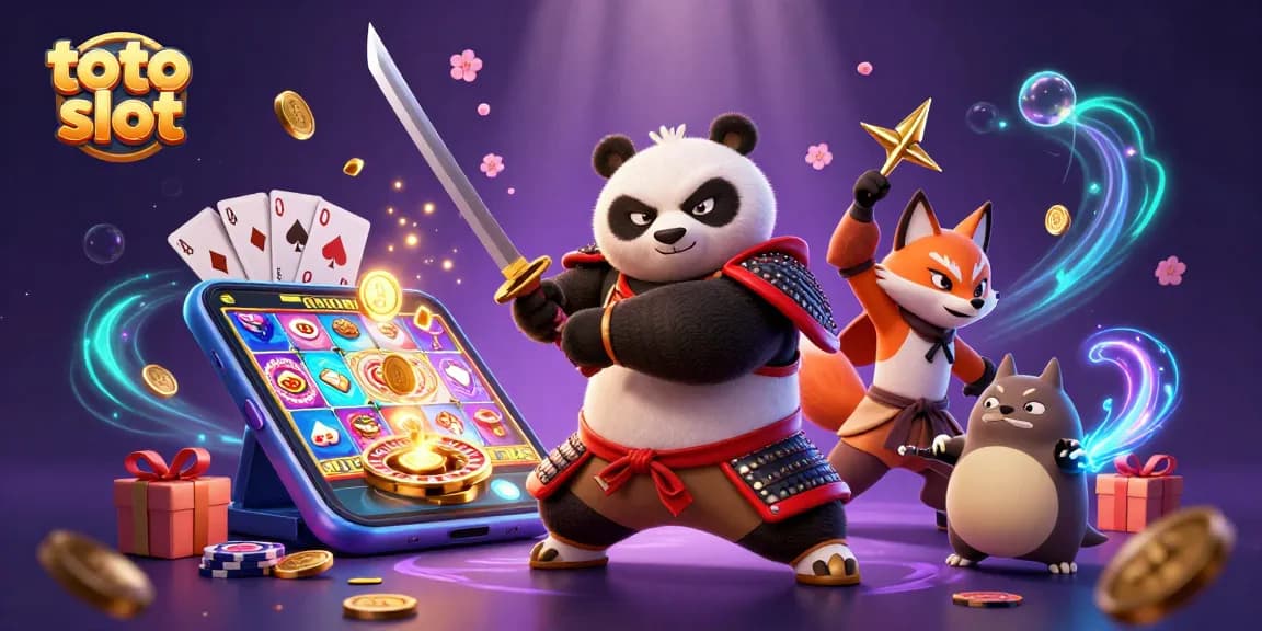 Spin and win at toto slot with a samurai panda and ninja fox in a dynamic gaming scene.