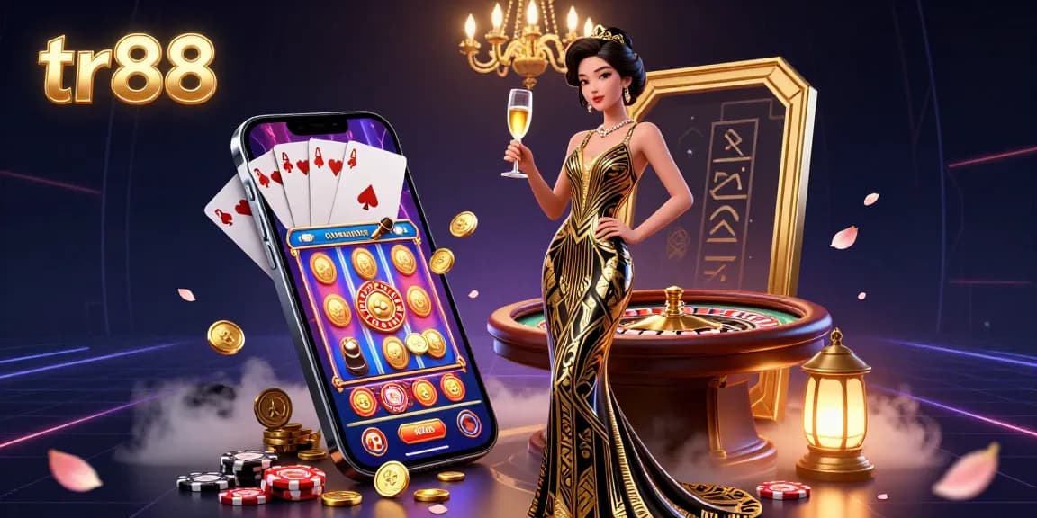 Experience the excitement of tr88 with a glamorous Asian woman in a casino setting, showcasing games and elegance.