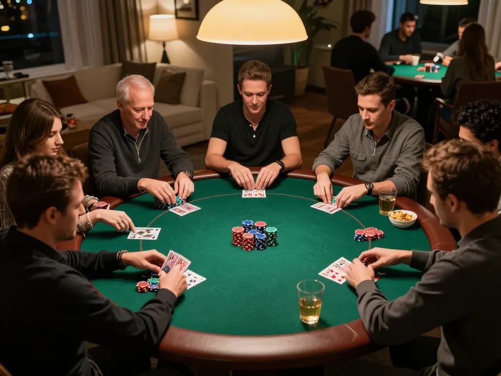 33win players strategizing during a lively home poker night with stacks of chips.