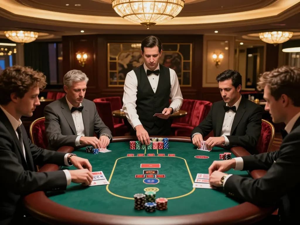 Engaged players strategizing at a high-stakes poker table in a luxurious VIP casino setting with hoiquantvhd branding.