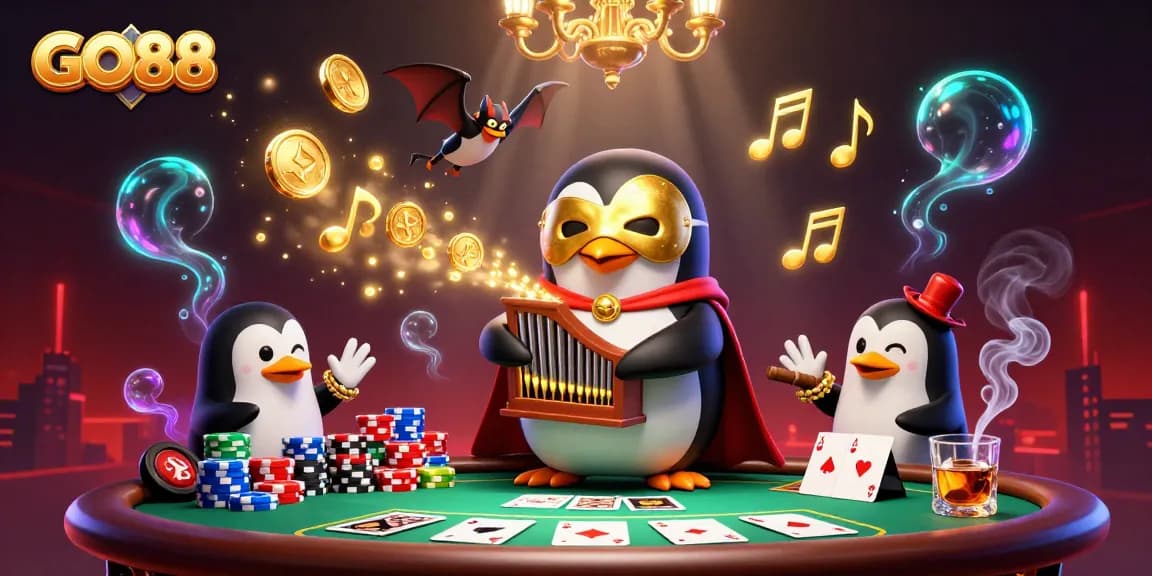 Experience thrilling gameplay at GO88 with a vibrant gambling scene filled with poker tables and lively action.