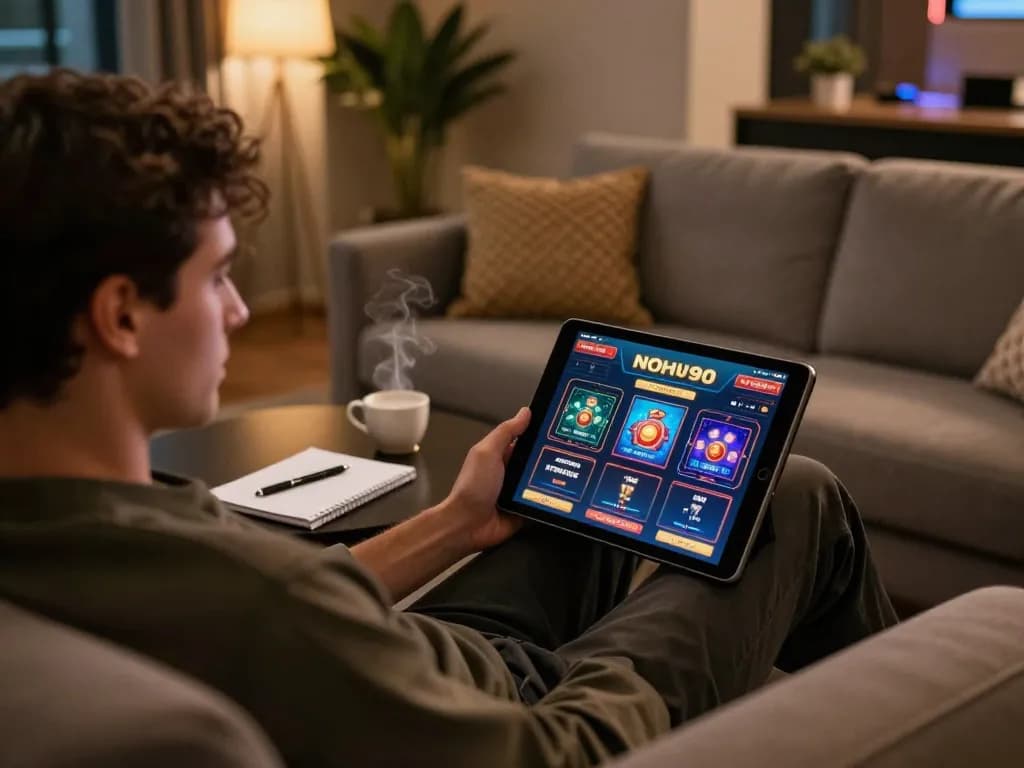 Nohu90 player engaging with an online casino game on tablet, cozy home atmosphere
