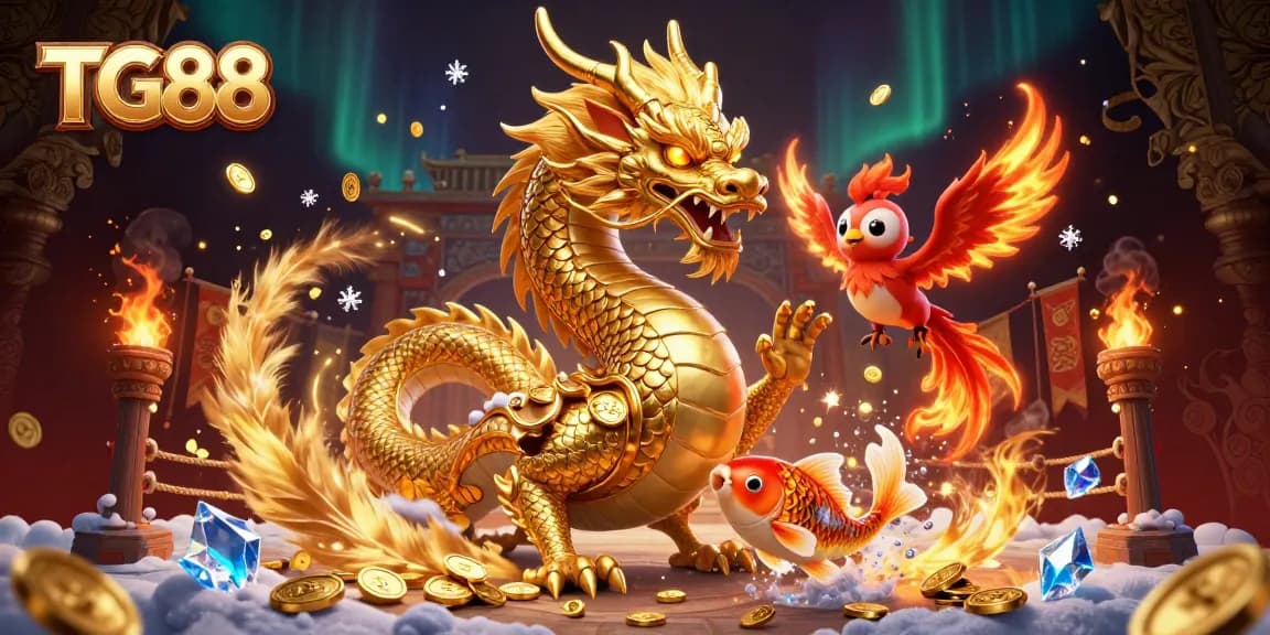 Experience thrilling gaming at TG88 with a golden dragon and phoenix amidst dynamic casino elements.