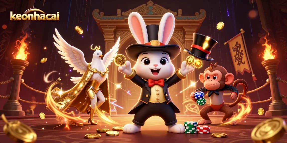Engage with keonhacai in a vibrant 3D casino scene featuring a magician rabbit and playful characters.