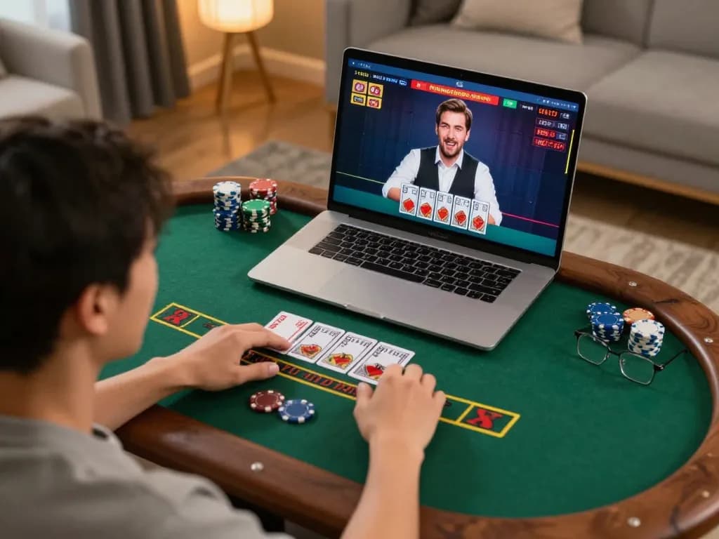 Player strategizing bets on 23win live dealer blackjack while enjoying a cozy home setting.
