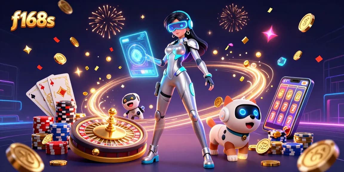 Experience excitement at f168s with a vibrant 3D illustration of a futuristic casino scene featuring a woman and a robot.