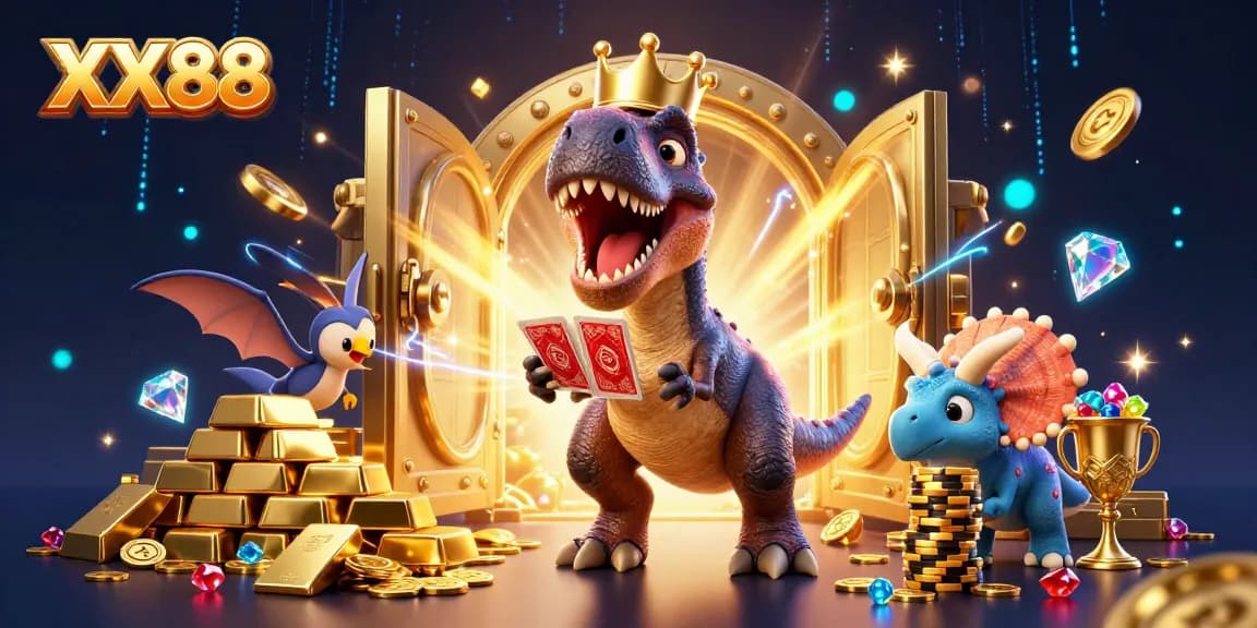 Engage with XX88's vibrant gaming scene featuring a T-Rex shuffling cards in a treasure-filled casino.
