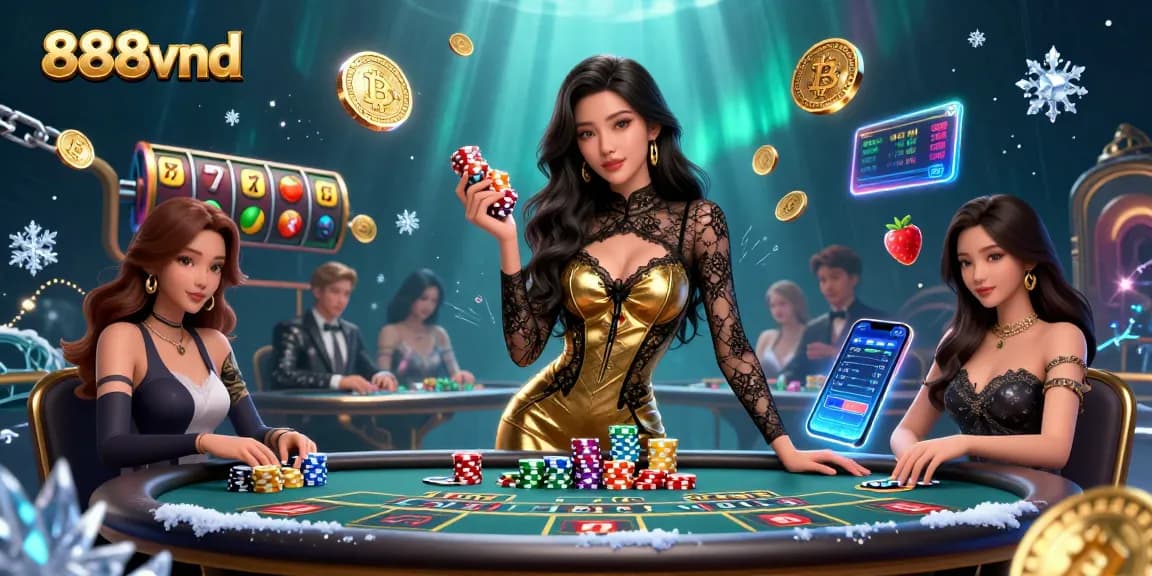 Experience high-stakes poker at 888vnd with glamorous gameplay, golden chips, and cryptocurrency elements.