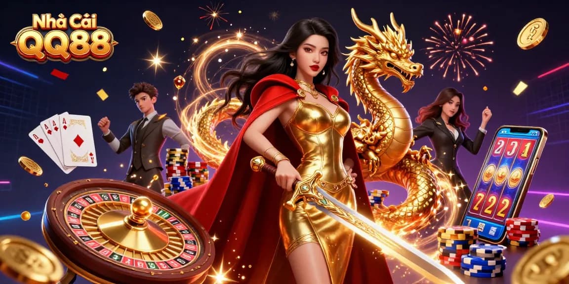 Engaging scene showcasing Nhà Cái QQ88 with a warrior queen and a protective dragon amidst casino elements.