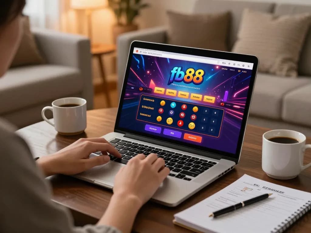 Engaging with fb88 online casino on a laptop in a cozy home environment with strategic notes.
