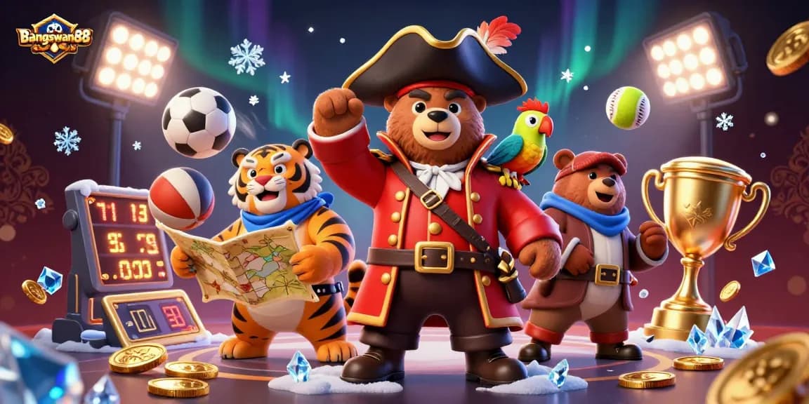 Bangsawan88 showcases an exciting sports betting scene with a pirate bear captain and vibrant elements.
